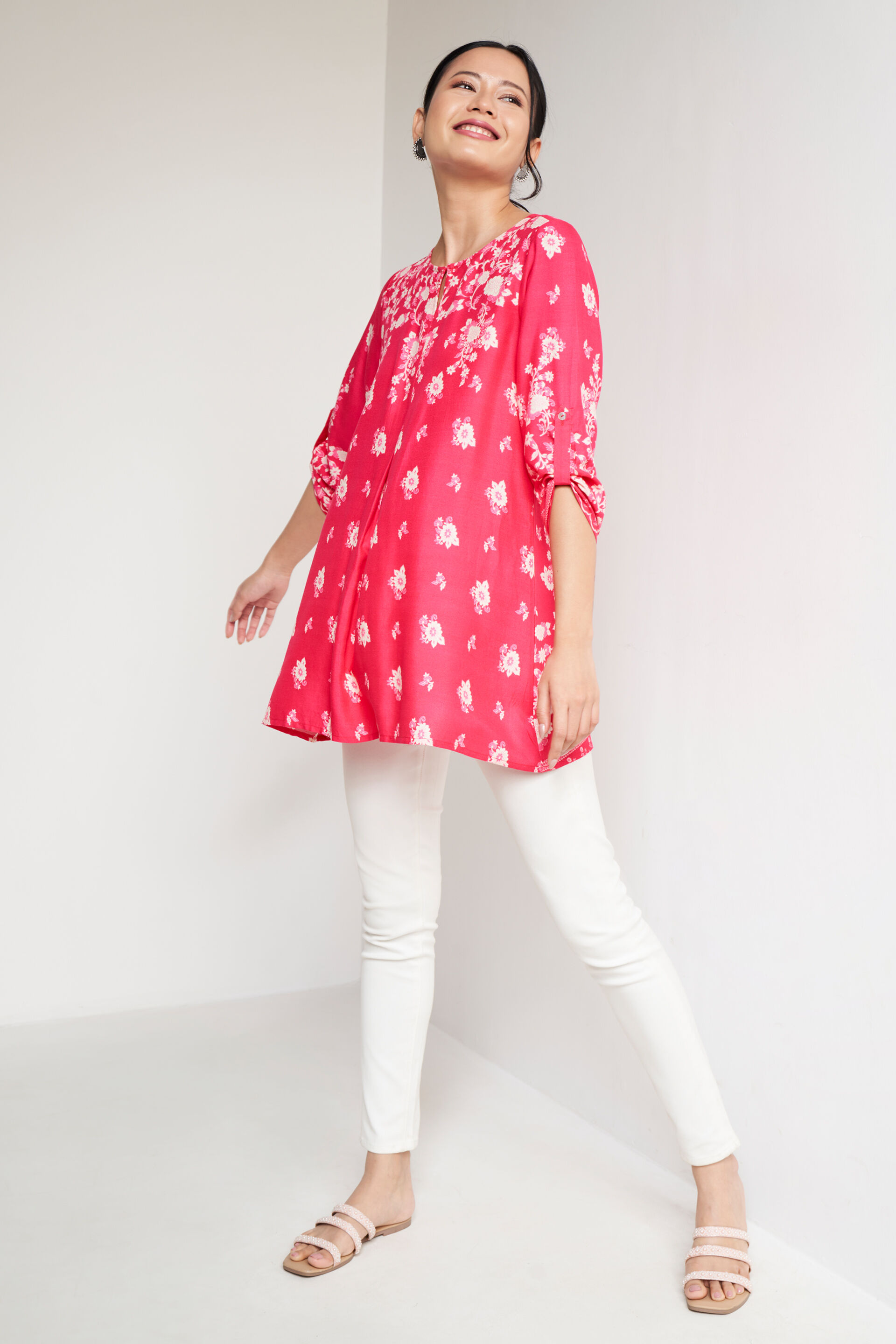 Hot Pink Floral Applique Straight Top, Hot Pink, image 2